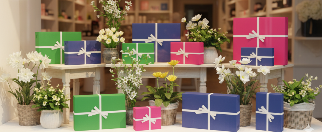 Vitrine de loja vibrante com embalagens coloridas Gessele.