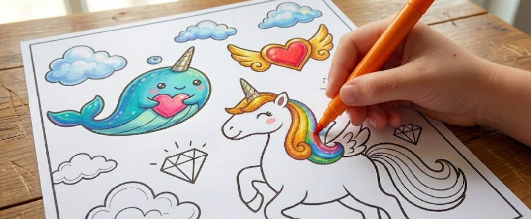 Papel para colorir infantil Gessele com mix de estampas divertidas.