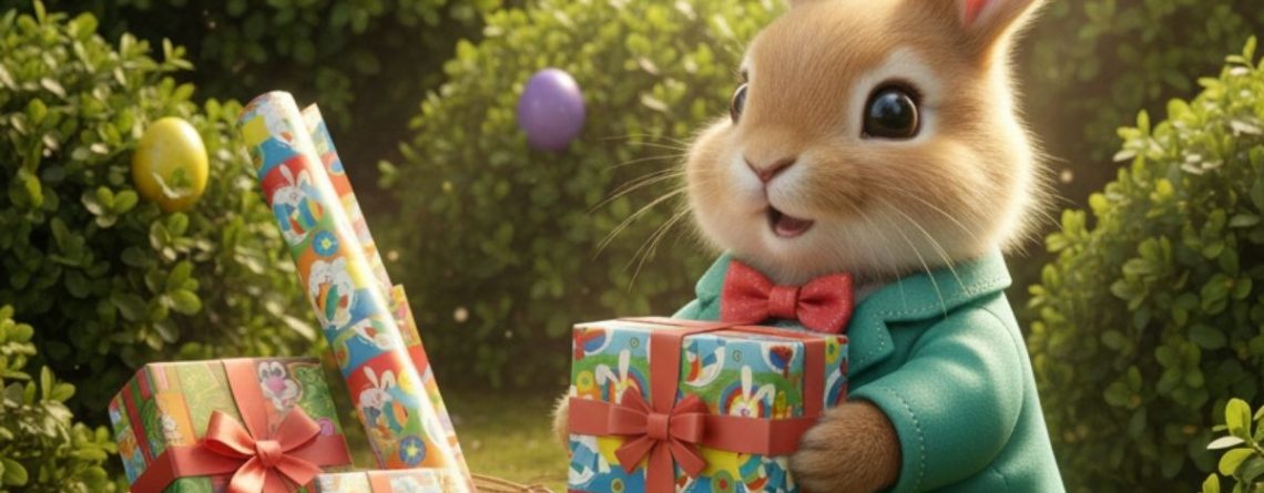 Ilustração lúdica de um coelho da páscoa segurando uma caixa de presente com estampa colorida em um jardim.