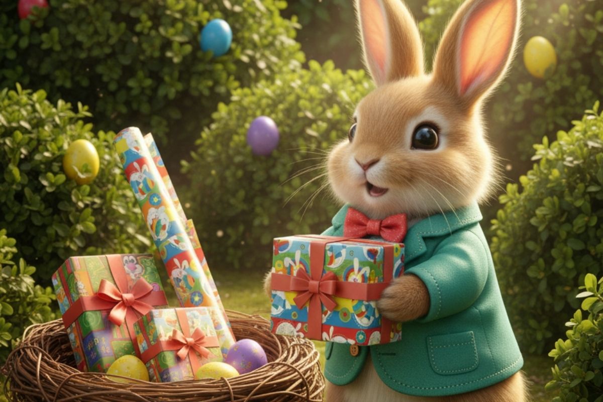 Ilustração lúdica de um coelho da páscoa segurando uma caixa de presente com estampa colorida em um jardim.